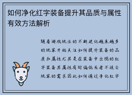 如何净化红字装备提升其品质与属性有效方法解析